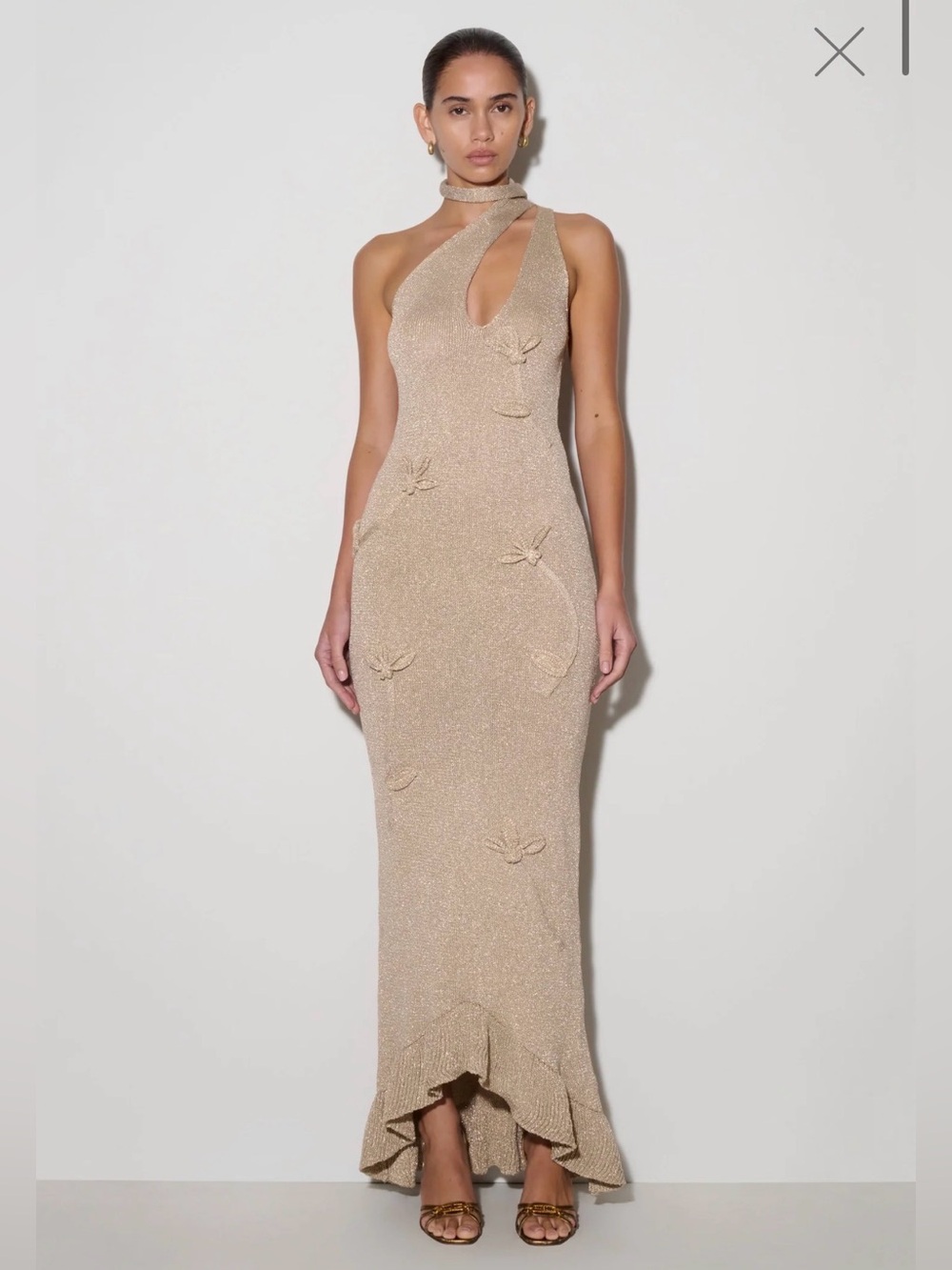 Meshki Celestino Floral Metallic Knit Maxi Dress Gold XS